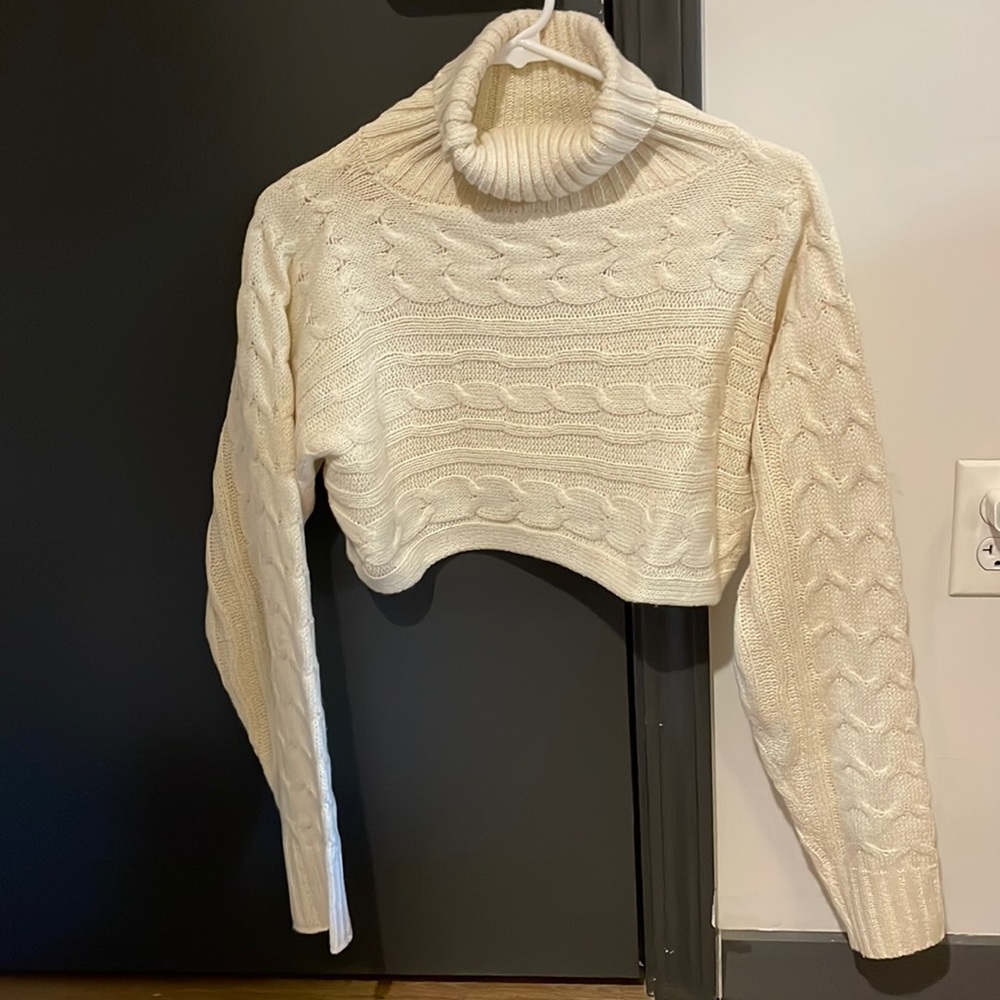 High Neck Cable Knit Cropped Sweater